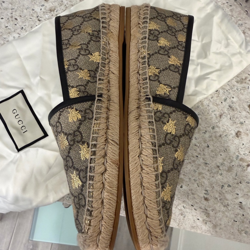 Gucci Brown & Gold Monogram Bee Espadrille Flats - Picture 4 of 8